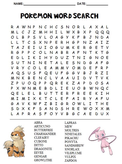 Activity Sheets For Kids Pokemon Pokemon Word Search
