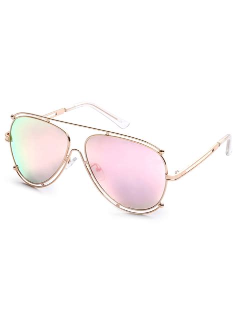 gold metal frame pink lens aviator sunglasses shein sheinside