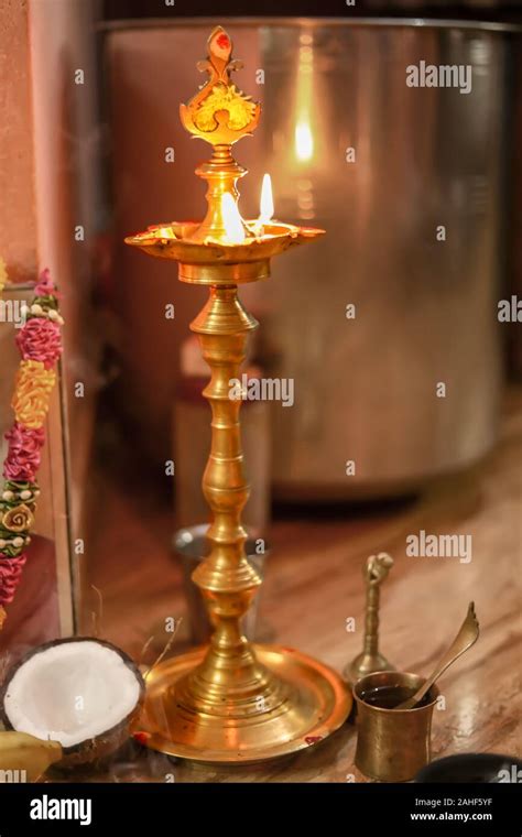 Traditional South Indian Brass Oil Lamp Nilavilakku During Events