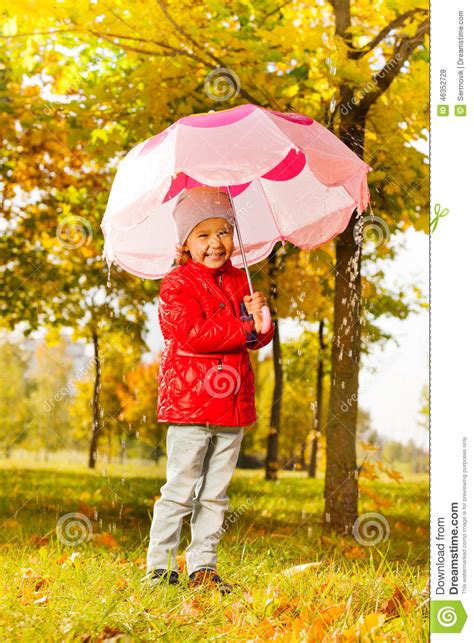 Smiling Cute Girl Holding Umbrella Under Rain Stock Photo Image 46352728