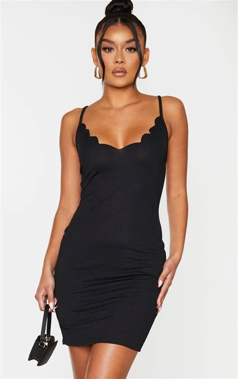 Black Scallop Neckline Strappy Bodycon Dress Prettylittlething