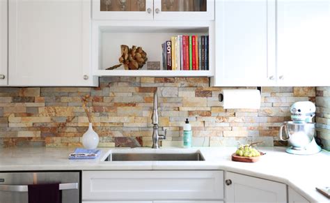 Golden honey natural stone mosaic tile in white features a warm, neutral mix of creams, golds, and grays for unparalleled design versatility. Natural Stacked Stone Backsplash Tiles For Kitchens and ...