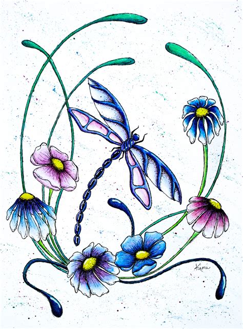 Images For Dragonfly And Flower Drawings Dragonfly Painting