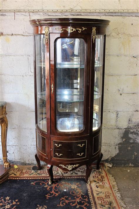 Vintage Mahogany And Curved Glass China Cabinet With Brass Ormolu
