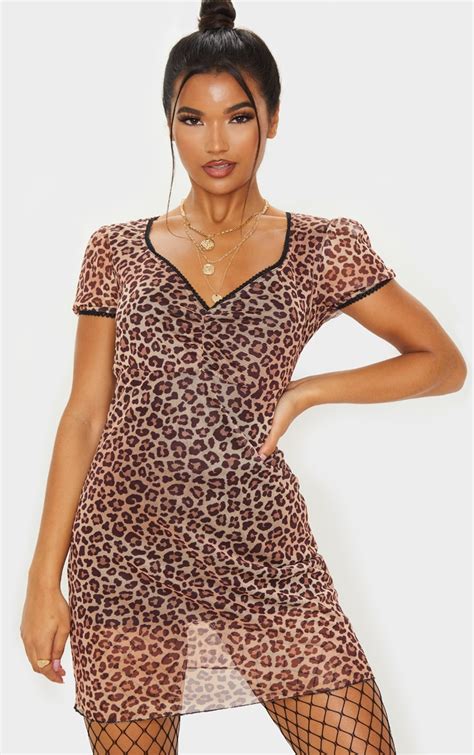 Brown Leopard Print Mesh Ruched Bodycon Dress Prettylittlething Aus