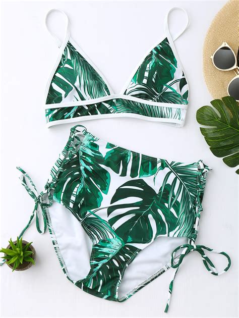 Off Tropical Leaf Print High Waist Bikini Set Rosegal