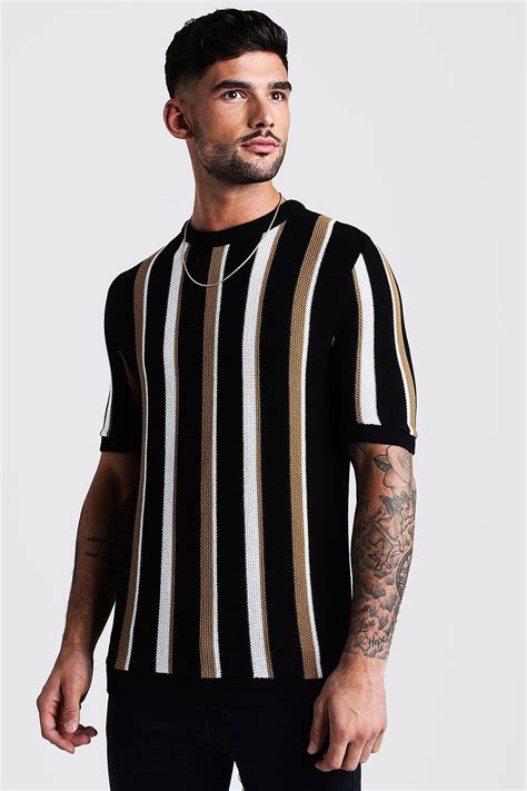 Men S Regular Fit Vertical Stripe Knitted T Shirt Boohoo Striped