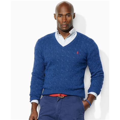 Lyst Ralph Lauren Cable Knit Silk V Neck Sweater In Blue For Men