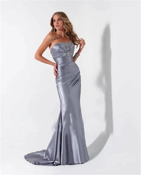 Strapless Beading Silver Grey Elastic Satin Mermaid Evening Dresses