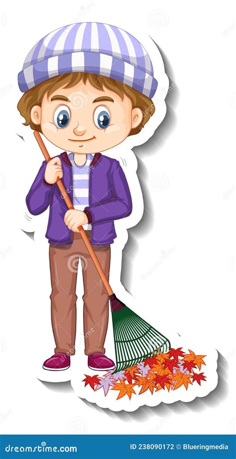 A Boy Holding Broom Cartoon Character Sticker Stock Vector
