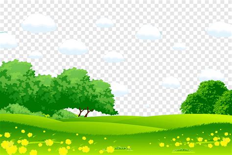 Green Trees Under Blue Clouds Illustration Cartoon Landscape Painting