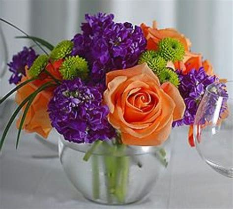 Triadic Orange Purple Green Orange Centerpieces Wedding Flowers