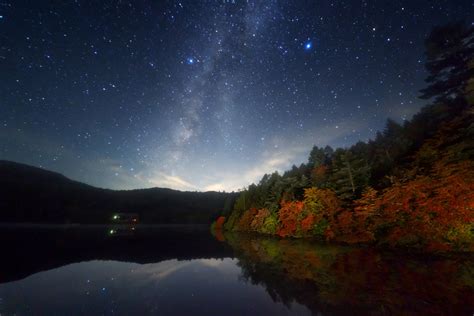 Download Star Starry Sky Fall Forest Lake Nature Night Hd Wallpaper