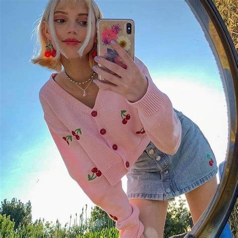 Kawaii Y2k Knit Sweater Cherry Pastel Pink Crop Cardigan Etsy In 2021 Indie Outfits Soft