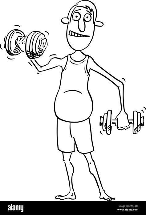 Vector Funny Comic Cartoon Drawing Of Average Middle Age Man Exercising