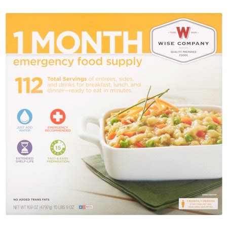 They have close to 4,000 reviews on trustpilot, and have received an overall rating of 8.5. Wise Company 1 Month Emergency Food Supply 169oz - Walmart.com