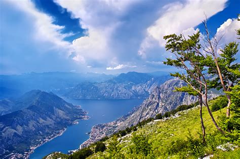 Sunset Over The Bay Of Kotor In Montenegro Panorama Of Mountain Stock