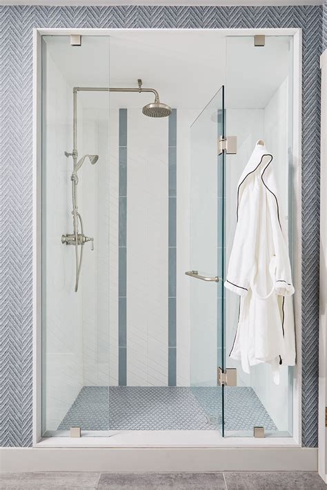 Bathroom Shower Tile Idea In White Subway With Blue Accent Sarah