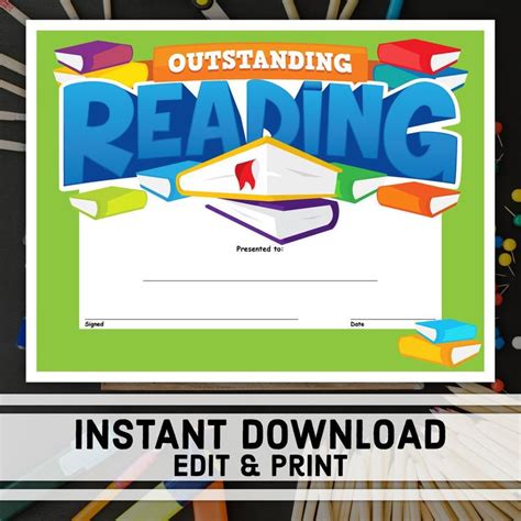 Outstanding Reading Certificate Instant Download Printable Within