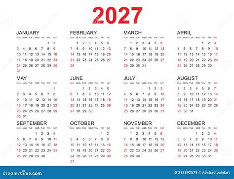 Calendario 2027 Plantilla Vector Simple Diseño Mínimo Planificador 2027