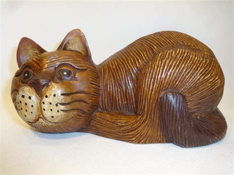 Vintage Hand Carved All Wood Wooden Cat Folk Art Carving Statue 875