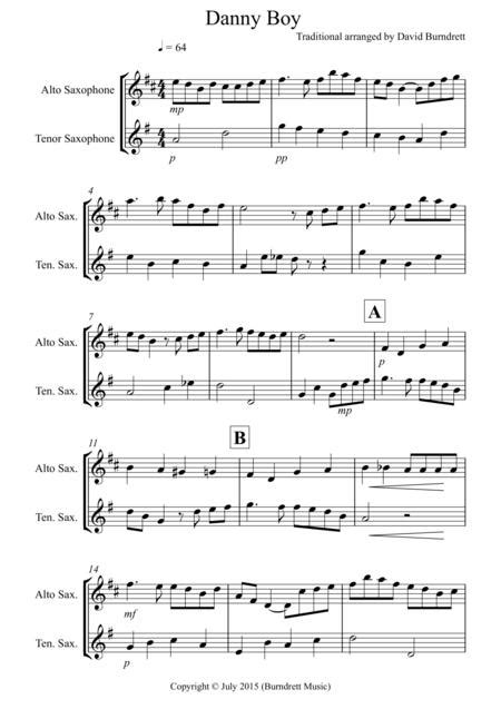 Download Danny Boy For Alto And Tenor Saxophone Duet Sheet Music By