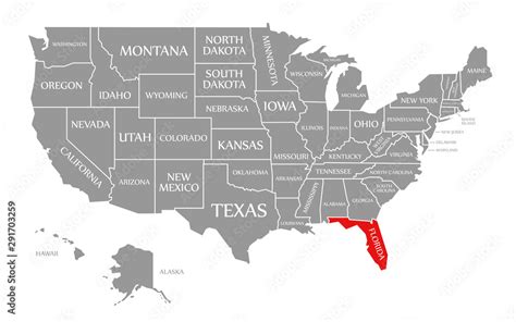 Florida Red Highlighted In Map Of The United States Of America Stock