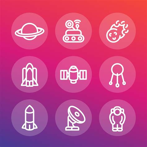 Space Line Icons Set Planet With Asteroid Belt Comet Satellite