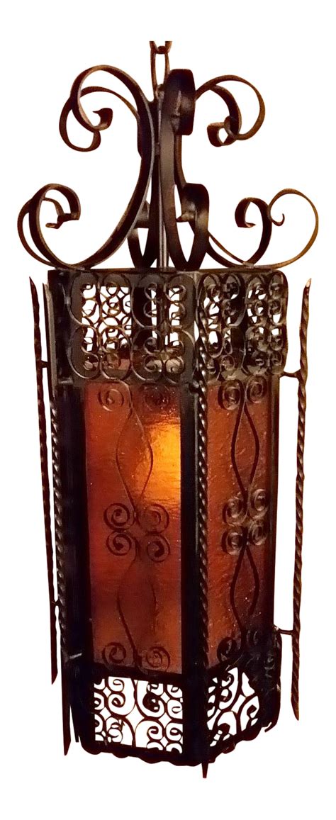Spanish Revival Wrought Iron Amber Ceiling Lamp Lantern On