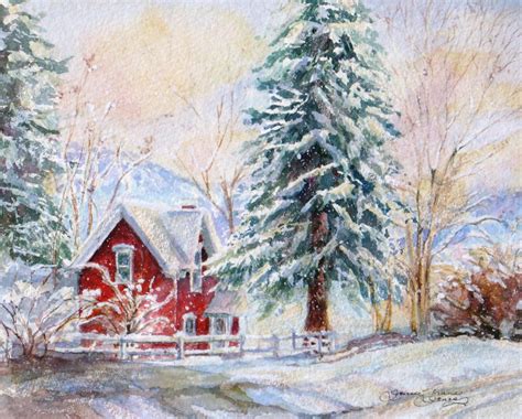 Winter Snow Watercolor Giclee Print Landscape Red Cottage Western