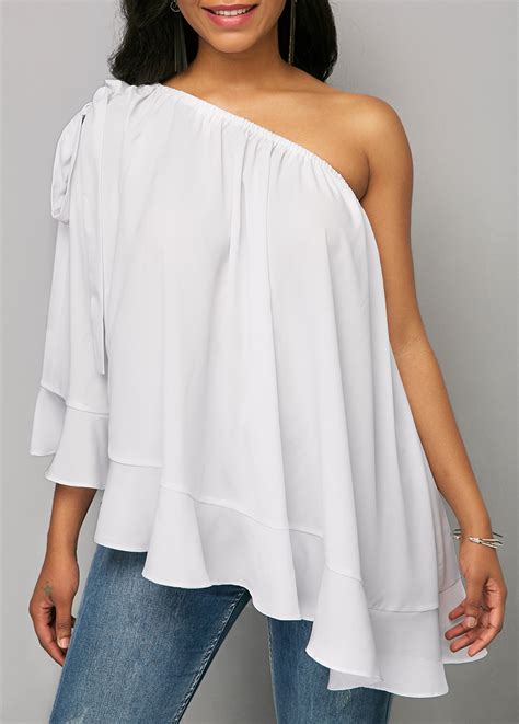 Solid White One Shoulder Ruffle Blouse Usd 1399