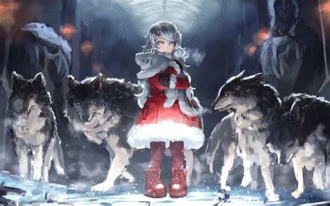 Download 1280x800 Wallpaper Red Riding Hood Anime Girl Wolf Art