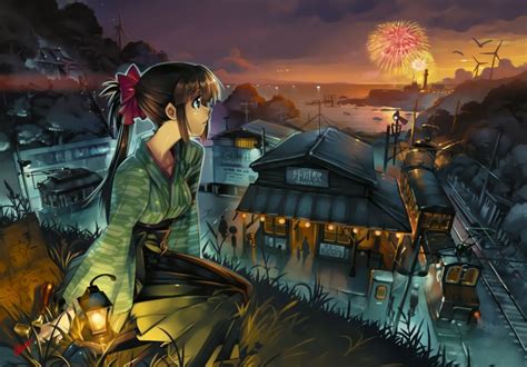 Anime Fireworks Girl Buildings Wallpaper 2560x1786