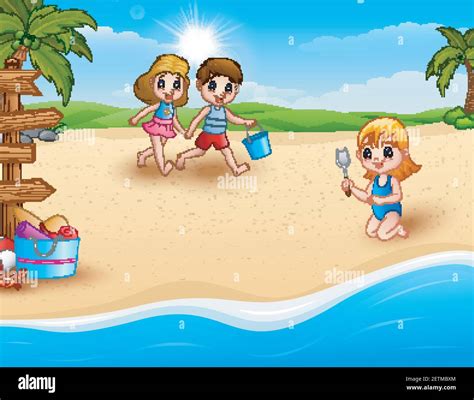 Vector Illustration Of Children Playing At The Beach Stock Vector Image