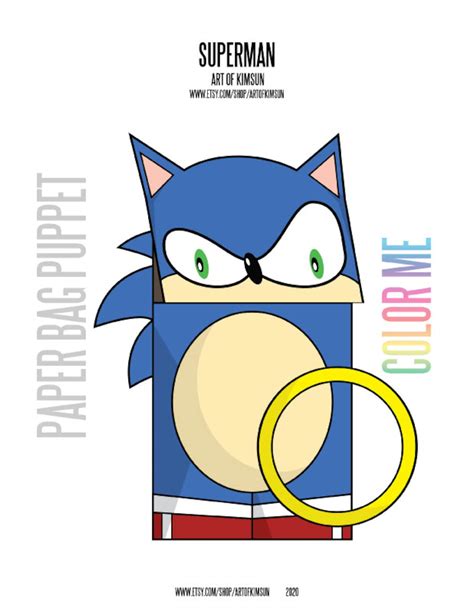 Printable Sonic The Hedgehog Paper Bag Puppet Cut Out Bandw Etsy Canada