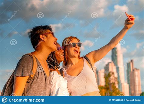 Young Friends Taking Selfies At The Riverside Stock Image Image Of Taking Portrait 219512359