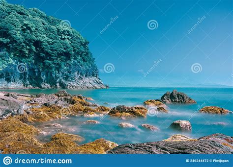 Turqoise Ocean On Forested Outcrop Of Japanese Cape Stock Photo Image