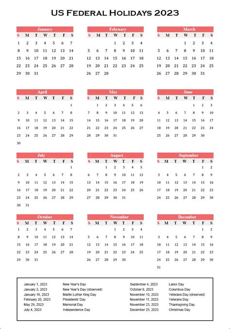 2023 Federal Holiday Calendar Printable Printable World Holiday