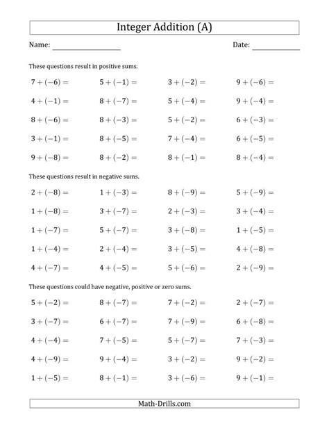 Adding Integers With Different Signs Worksheets