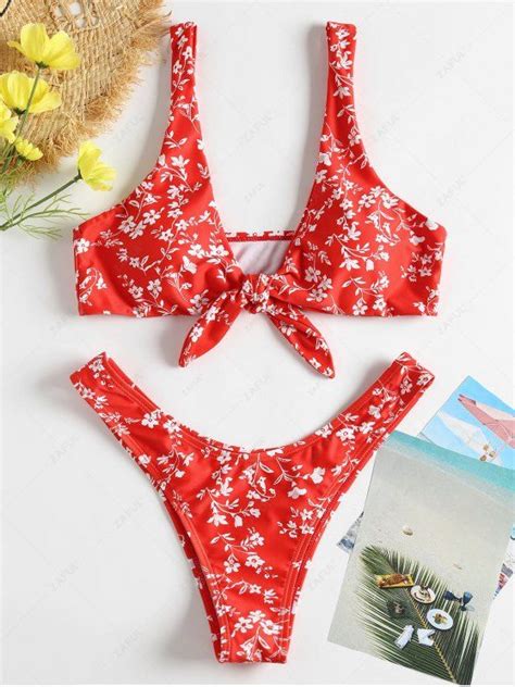 35 Off 2021 Tiny Floral Knotted Low Rise Bikini Swimsuit In Red Zaful