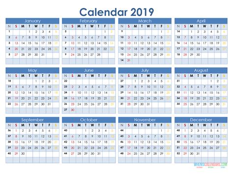 2019 Yearly Calendar Printable Templates Holidays Pdf Word Excel Images