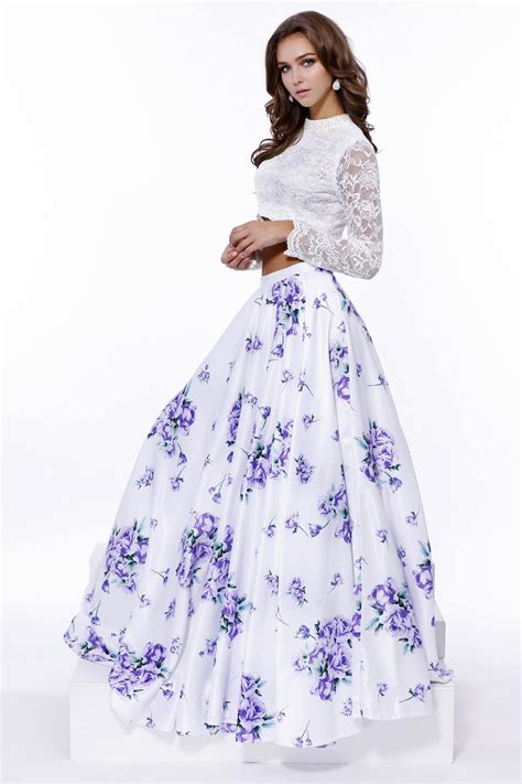 Long Sleeve White Floral Print Long Prom Dress Formal Two Piece Set