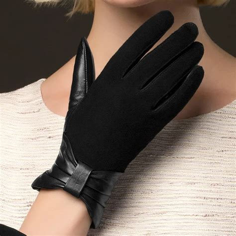 New Genuine Leather Gloves Women Fashion Black Suede Leather
