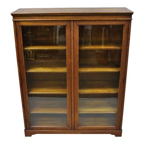 Antique Golden Oak Wood Glass Two Door Small Mission Bookcase Curio