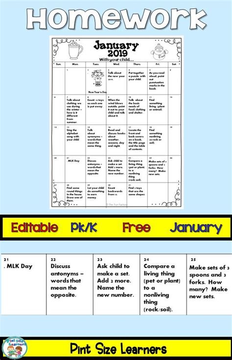 Children learn these concepts at their own pace. Free Editable January homework calendar for your Pre-k and ...