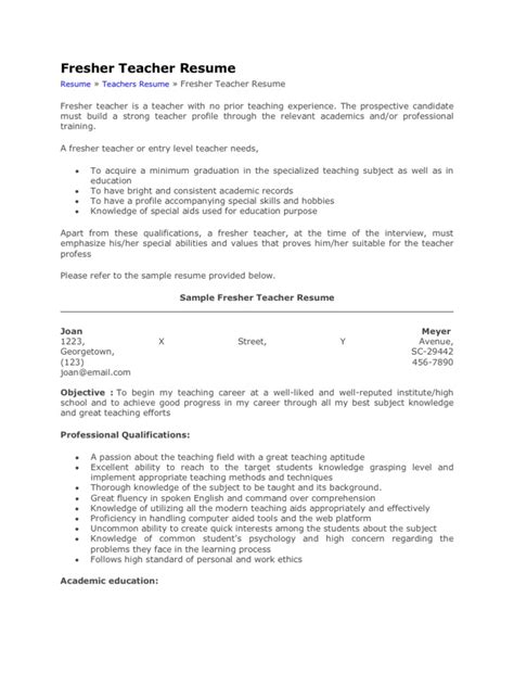 Our teacher resume sample provides a great example of an appealing resume format. Fresher Teacher Resume