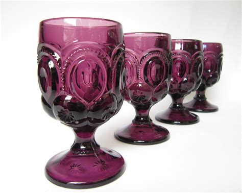 Set Of 8 Vintage Amethyst Moon And Stars Goblets Footed Tumblers Purple