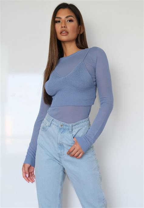 Blue 2 Piece Sheer Cami Knit Top Missguided