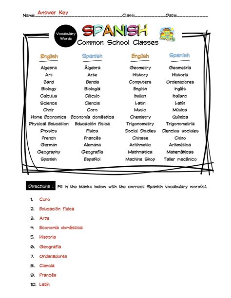 Spanish Common School Classes Vocabulary Word List Worksheet And Answer