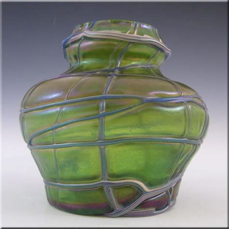 Kralik Art Nouveau Iridescent Green Threaded 1900 S Glass Vase Iridescent Green Green Glass